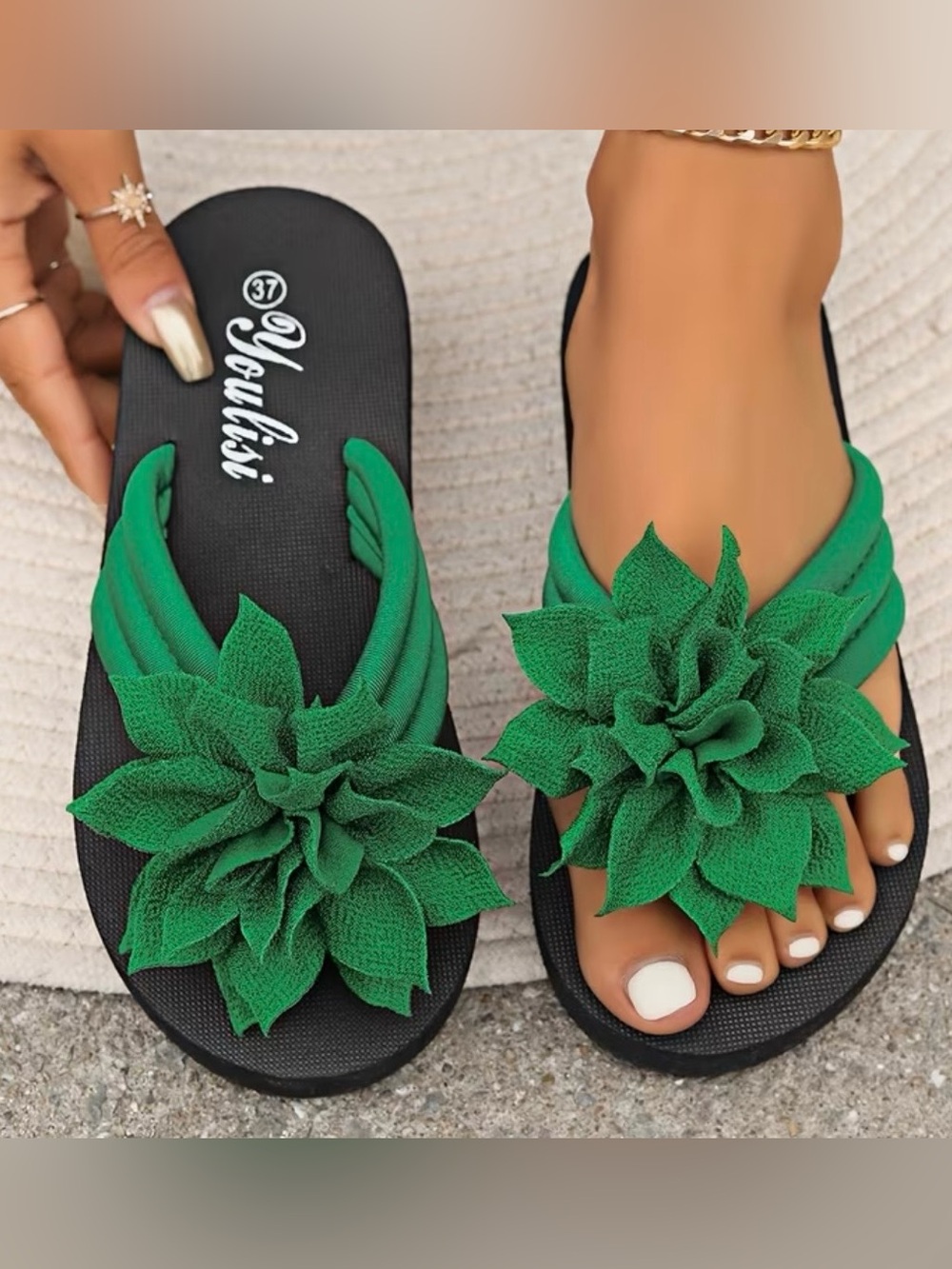 New Green 3D Floral Sandals Thongs Flip Flops Summer Beach Flower Shoes Size 7.5 - Picture 6 of 9